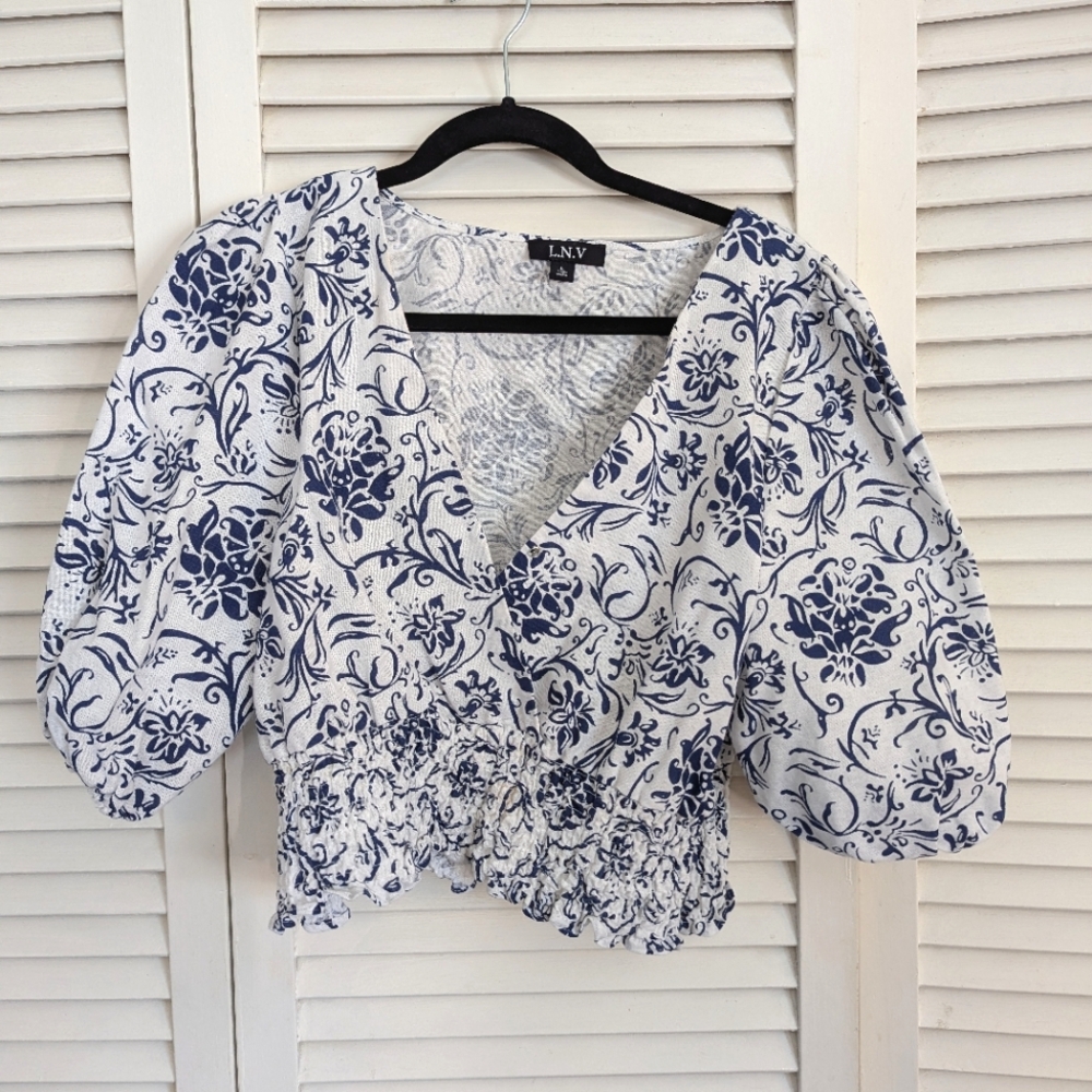 Blue and White Floral Women's Crop Top